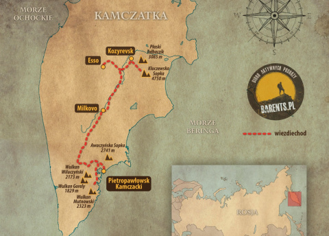 Mapa poglądowa trasy wycieczki: Kamczatka: w krainie wulkanów z Barents.pl Mapa poglądowa trasy wycieczki: Kamczatka: w krainie wulkanów z Barents.pl