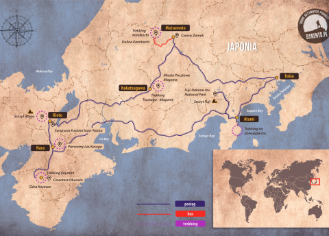Poglądowa mapka, Wycieczka do Japonii: trekkingi i zwiedzanie od Kioto po Tokio, Barents.pl